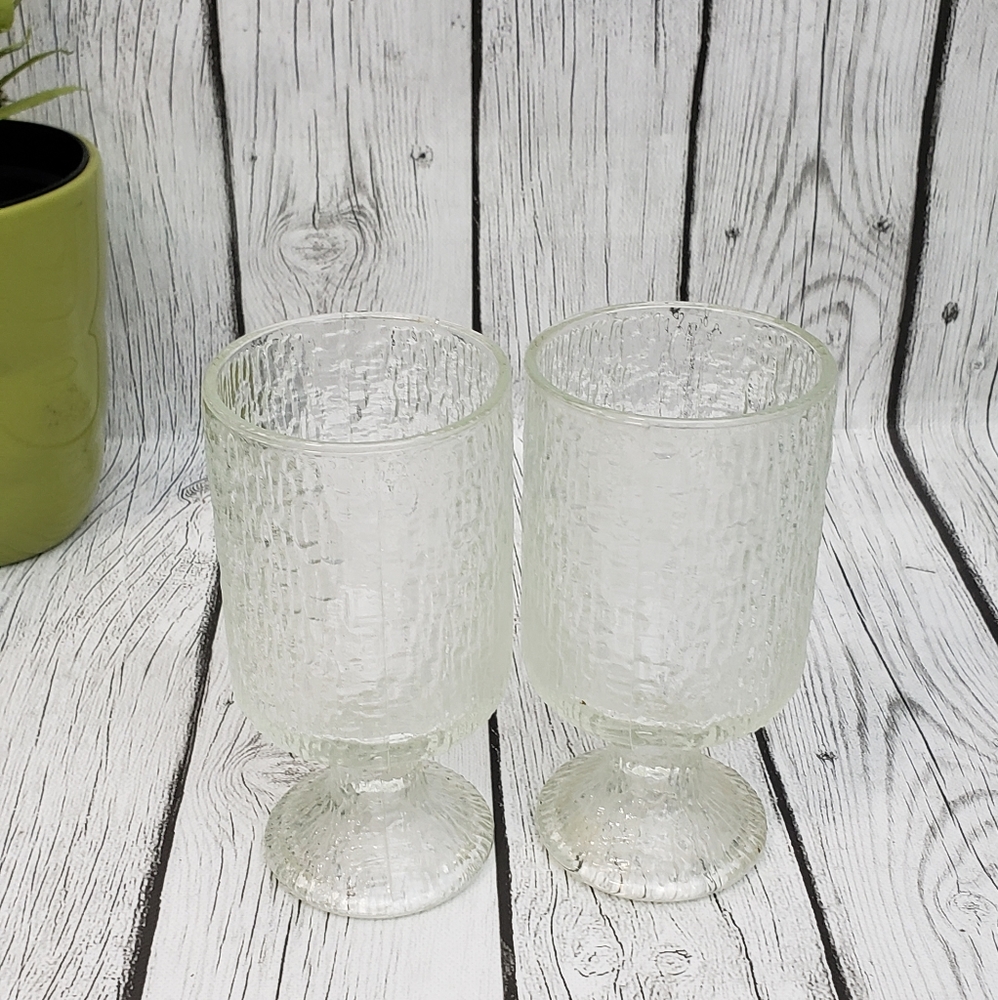 Pair of Vintage Indiana Glass Tree Bark Glacier Ice Clear Goblets